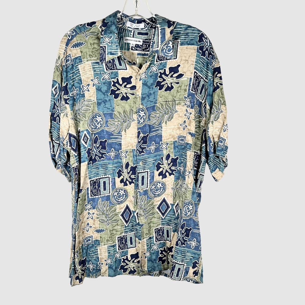 80s Vintage Pierre Cardin 100% Rayon Shirt Tropical Batik Short Sleeves L